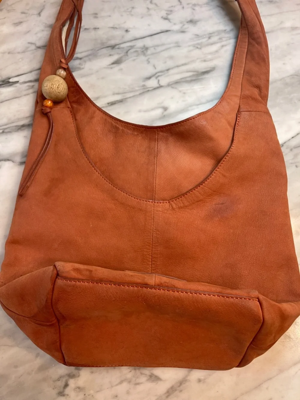 Lucky Brand Russet Leather Boho Hobo Bag with Stone Bead Detail